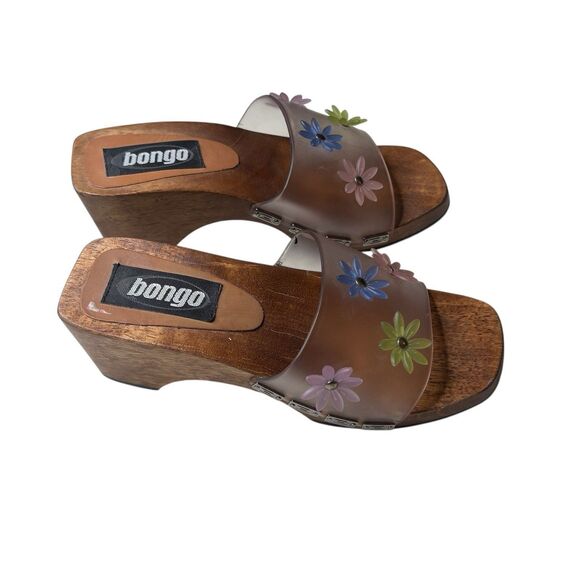 Vintage Y2K 90s Bongo Leather Buckle Wood Wedge Platform Open Toe Clogs Sz 6 - Picture 6 of 7